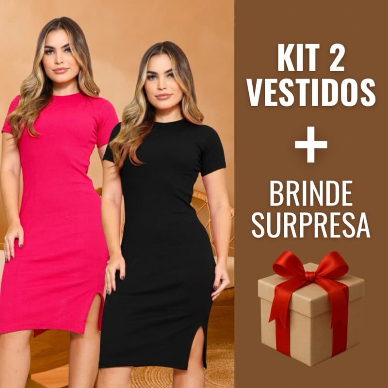 KIT 2 Vestidos Mídi Manga Curta Ribana Premium Algodão + Brinde Surpresa