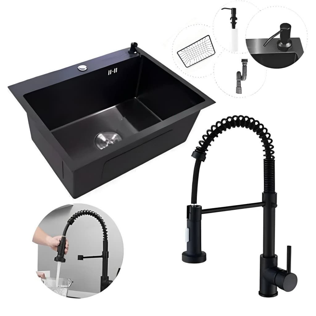 Cuba Pia Inox Quadrada Cozinha 60*45*20+ Torneira Flexivel Preta