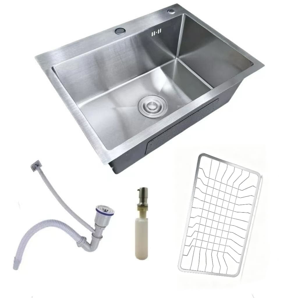 Pia quadrada de aço inoxidável 60x45, pia gourmet, prata escovada/preta (inclui acessórios)