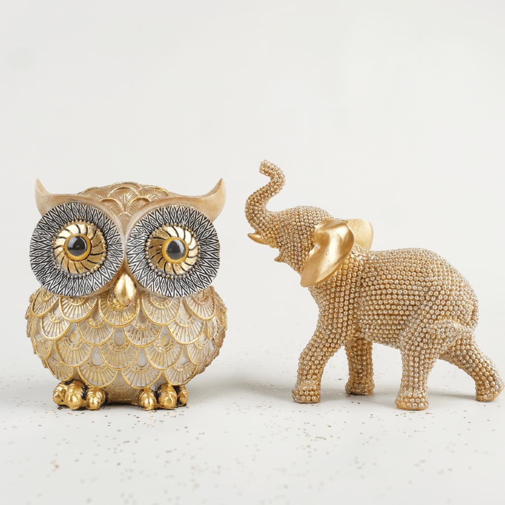 Kit Arquétipos Coruja + Elefante Dourado Decoração Enfeite Sabedoria Espiritualidade Ganesha