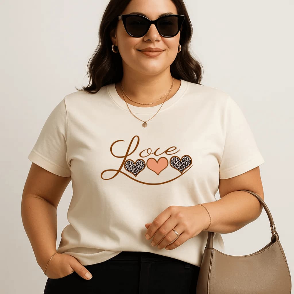 Camiseta Plus Size Feminina Estampada Love Coração 100% Algodão Premium Verão Academia Treino Blusa Camisa