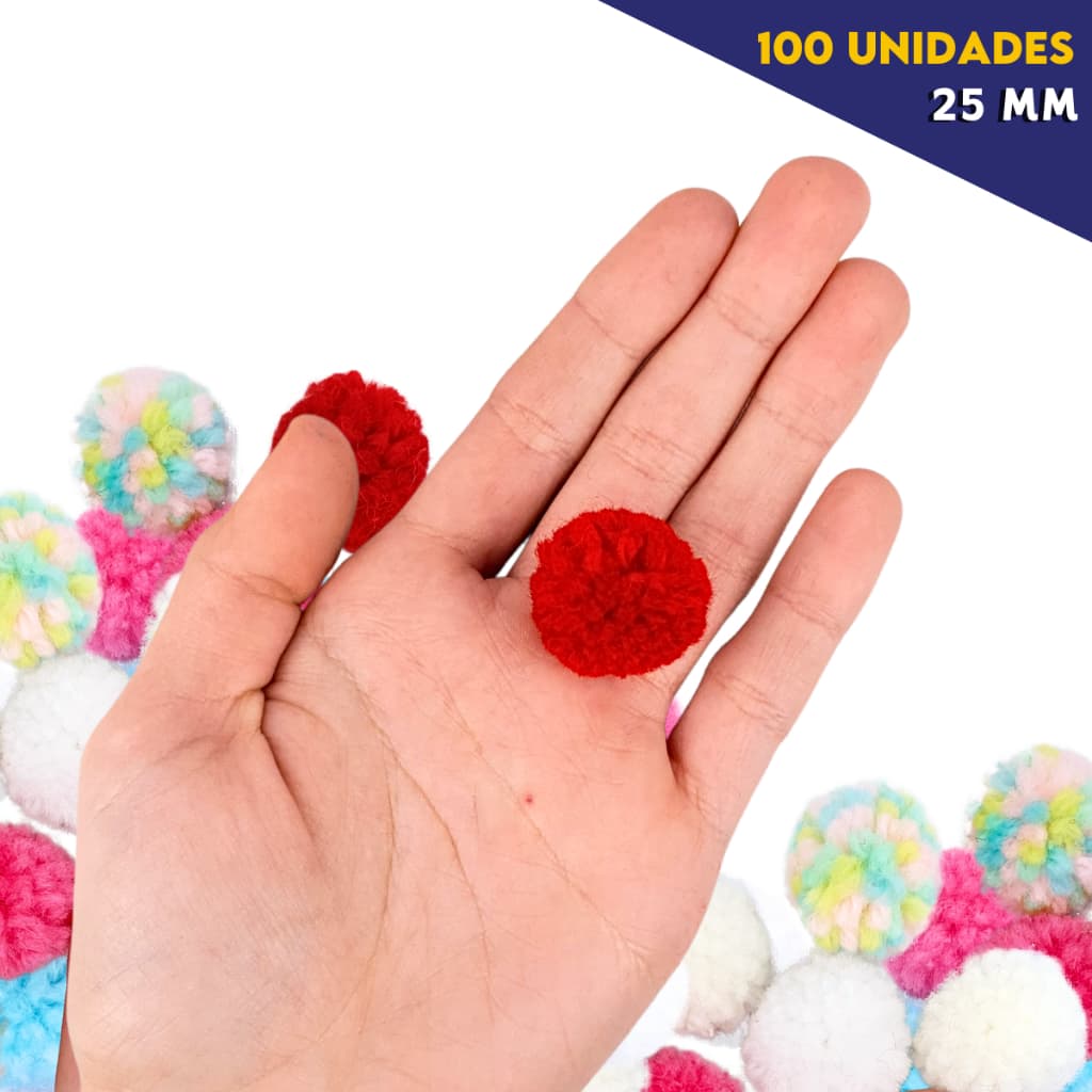 Pompom de Lã Colorido 25mm Com 100 Unidades Para Artesanato, Costura e Decoração - CRIAR