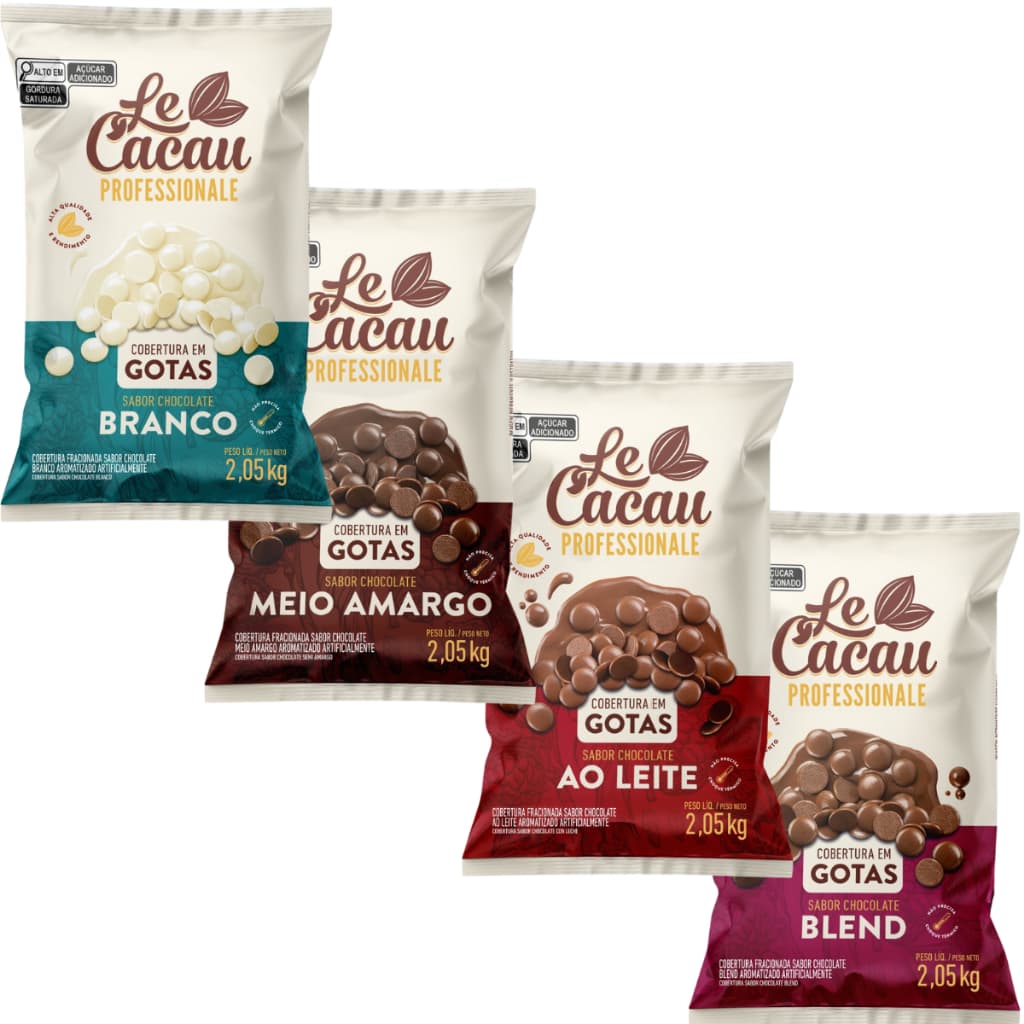 Cobertura em Gotas Le Cacau Chocolate ao Leite Branco Blend Meio Amargo 1,01 2Kg Bolos Doces Bombons