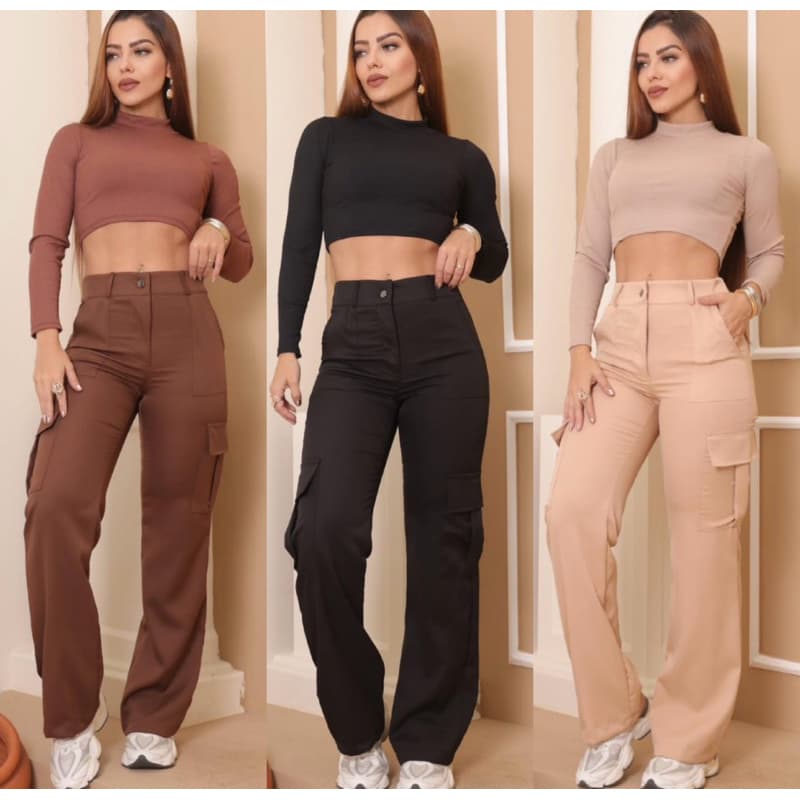 Calça Feminina Cargo Pantalona Wedleg Bolsos Laterais Lançamento Alfaiataria