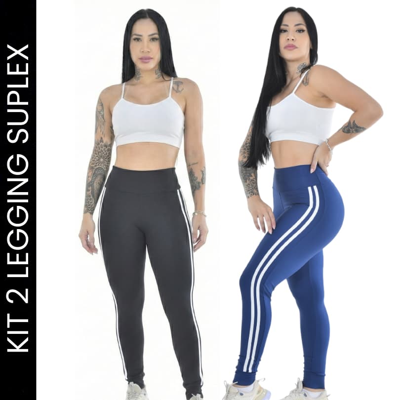 Kit 2 Calças Legging em Suplex Feminina Cós Alto Fitness para Atividade Física Academia Corrida