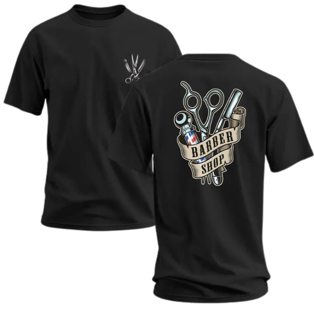 Camiseta Masculina Estampada Barbeiro Uniforme Barbearia Estampa Frente e Costa