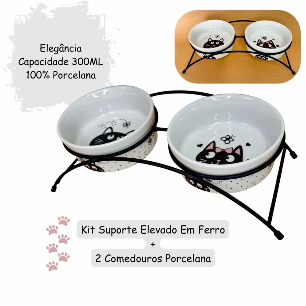 Comedouro Elevado Duplo Ergonômico para Gatos Tigelas Em Porcelana 300ML Cada