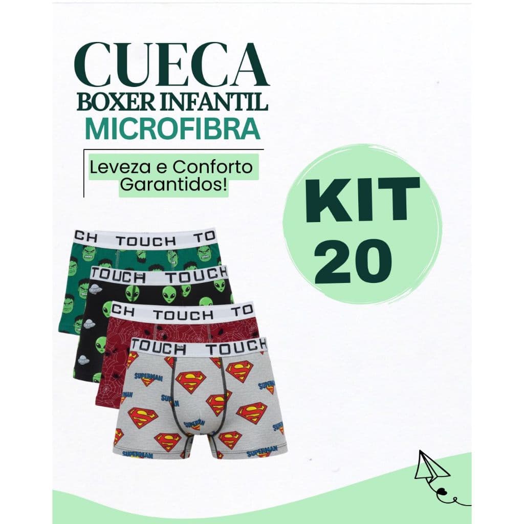 Kit 20 Cuecas Box Boxer Microfibra Original Infantil Masculino Ultraleve