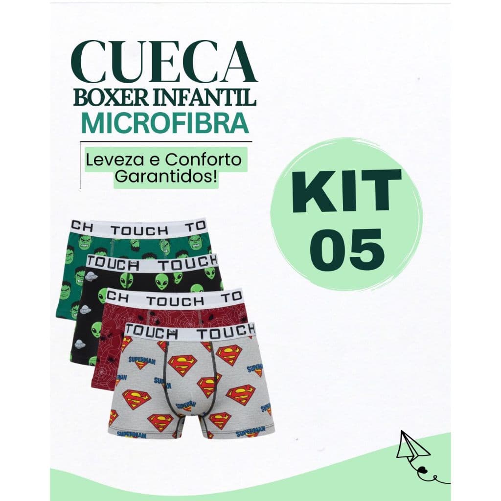 Kit 5 Cuecas Box Boxer Microfibra Original Infantil Masculino Ultraleve