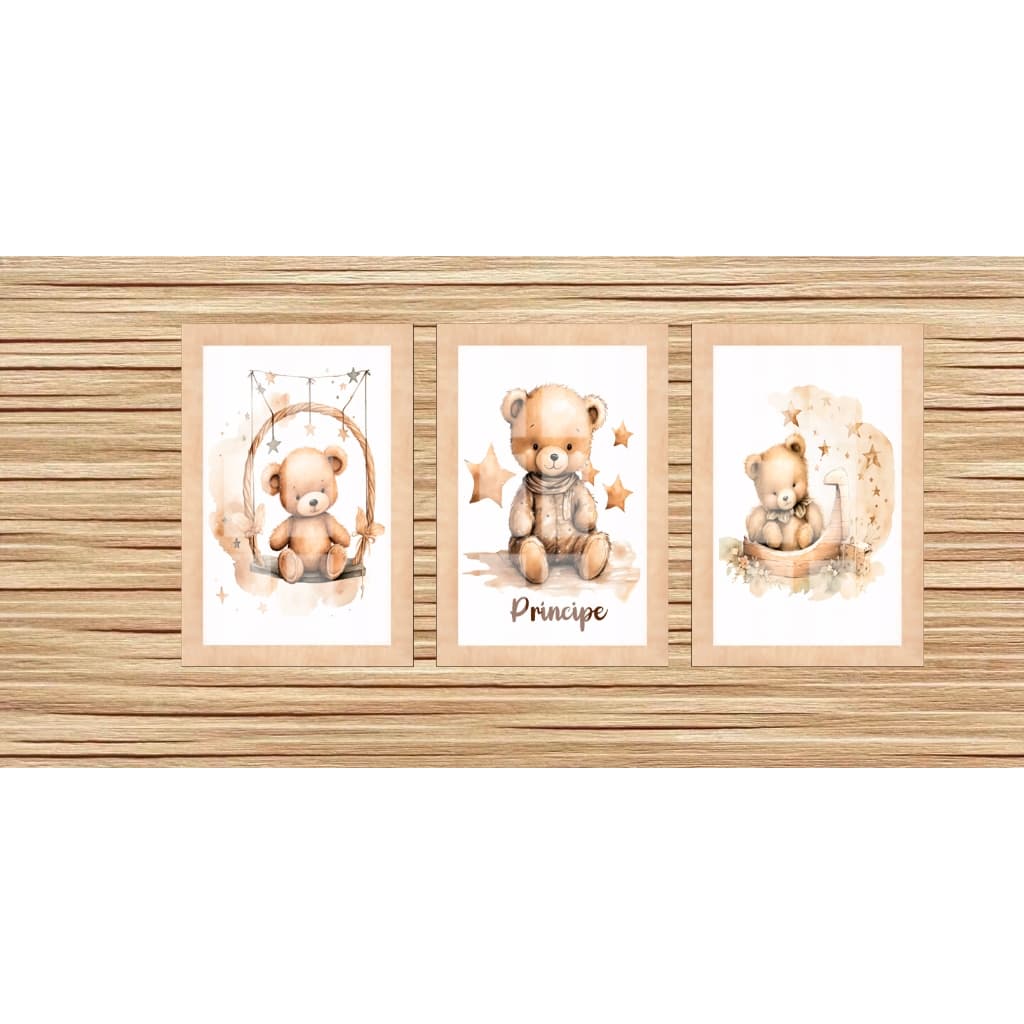 Quadros Decorativos ursinho marrom estrelas nome personalizado decoração infantil