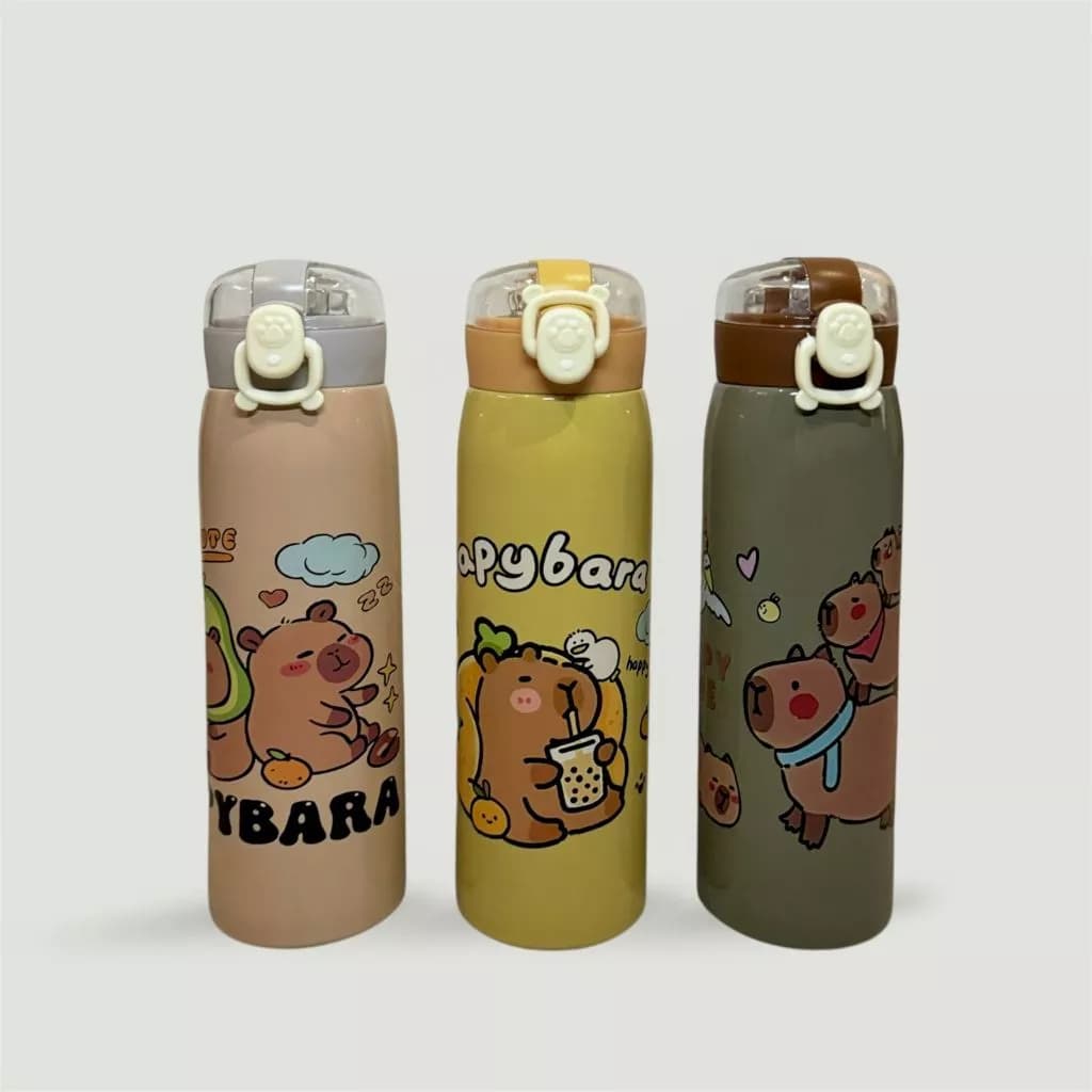 Garrafa Térmica Aço Inox Estampa Capivara Capybara Escolar Infantil com Canudo E Trava 500ml