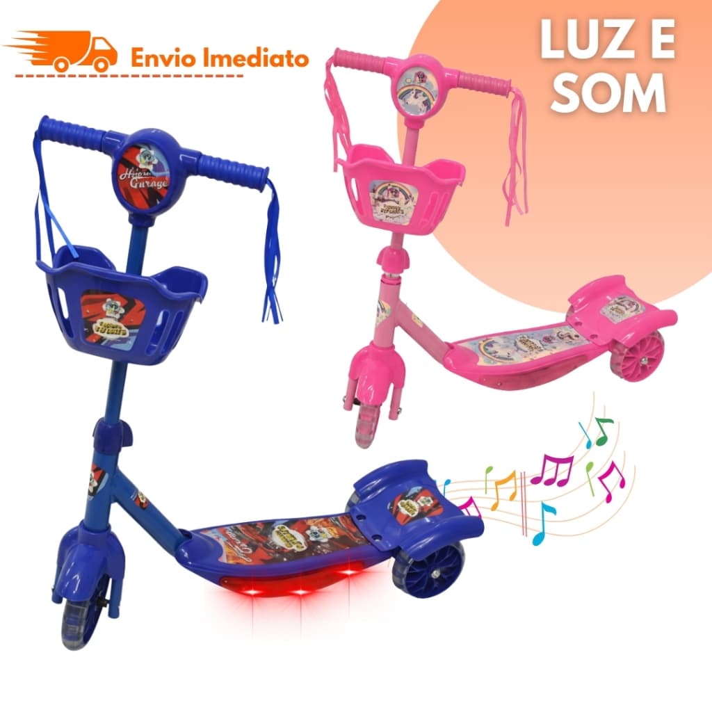 Patinete Infantil com Luz Som Freio 3 Rodas Cesta Divertida Resistente Menino Menina Imediato