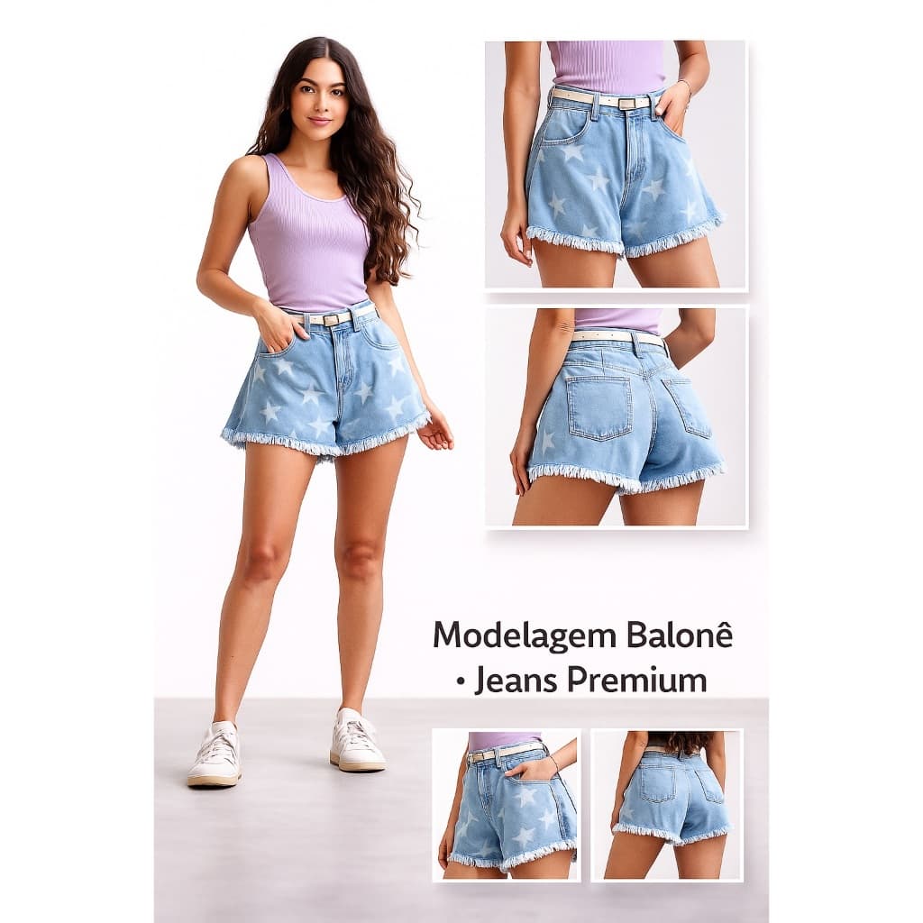 Short Jeans Balonê Feminino Estrelas Forever 21 – Cintura Alta, Barra Desfiada, Jeans Premium