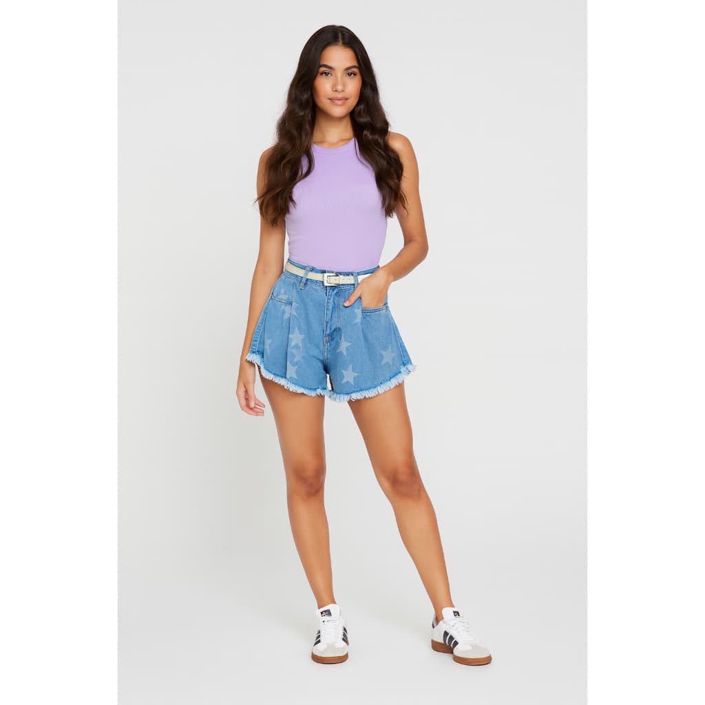 Short Jeans Solto Feminino – Balonê, Franjado, Cintura Alta Forever 21 Estampa Estrelas