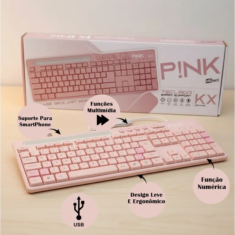 Teclado Computador Notebook Usb Layout Abnt2 Multimídia Rosa