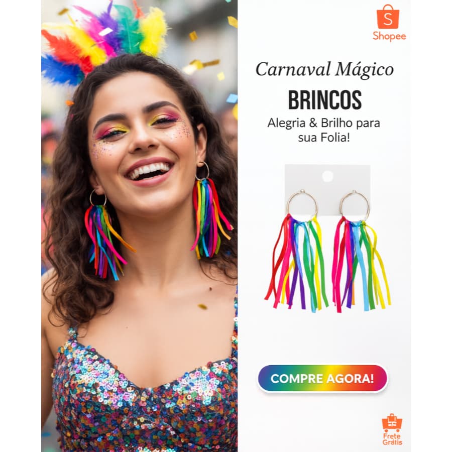 Brinco de Argola com Fitas Coloridas Unissex para festas Acessório Carnaval