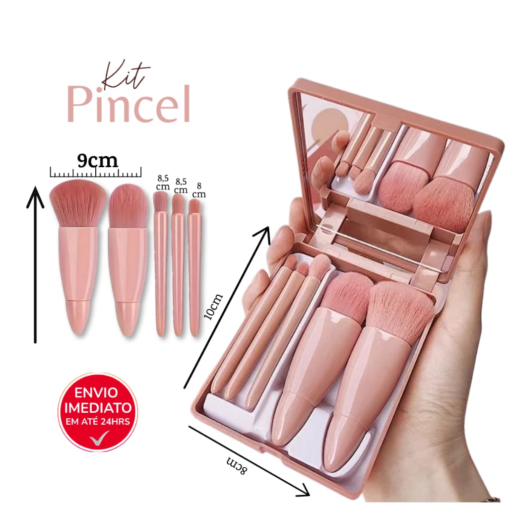 Kit 5 Pincéis de Maquiagem Portátil com Espelho – Estojo Compacto Viagem Rosê Mini Pinceis