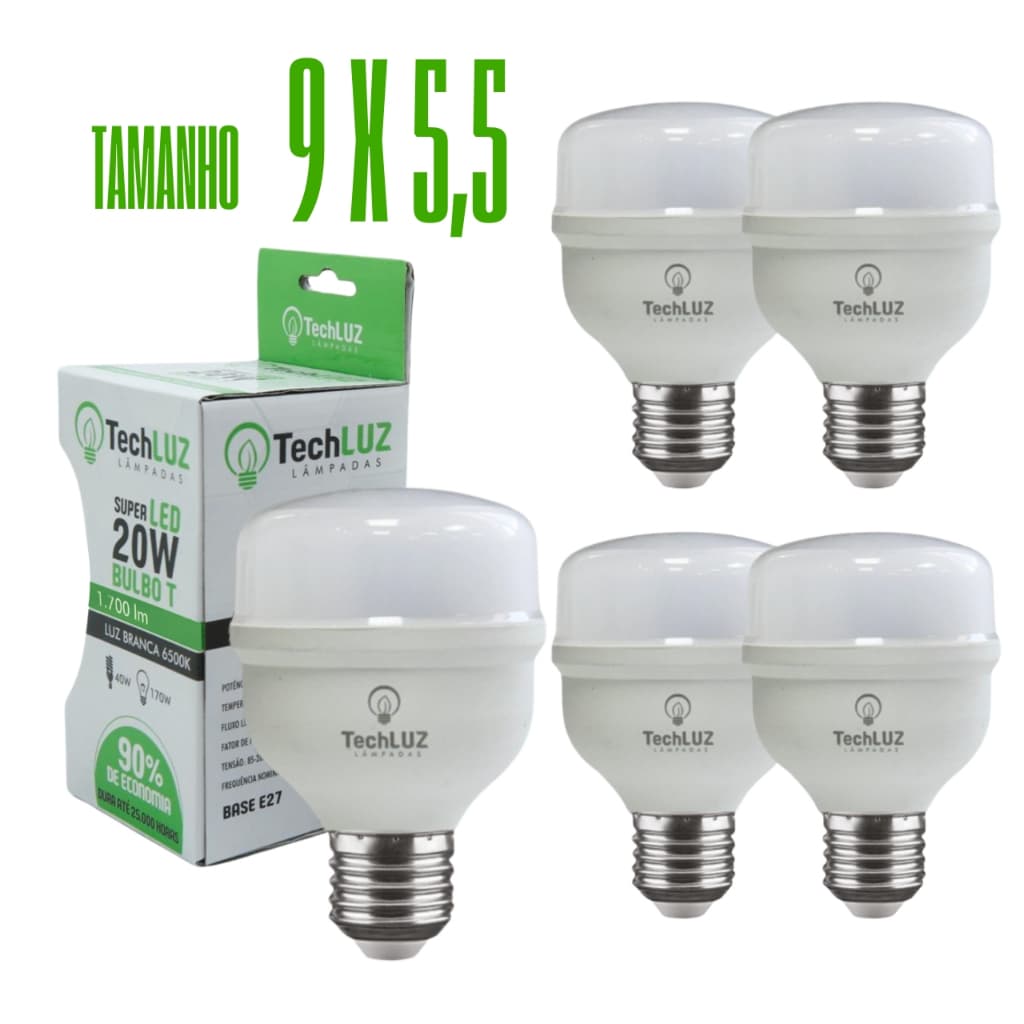 Kit 5 Lâmpada Bulbo Led 20w 6500k Branco Frio E27 Bivolt Alta Potência Econômica Inmetro