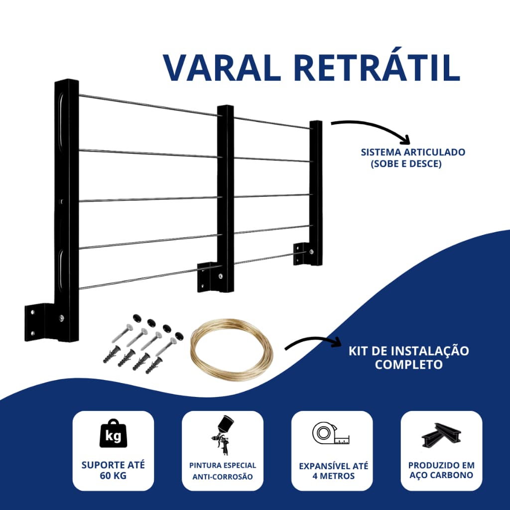 Varal De Roupa Reforçado 80 Kg Dobrável 3 Hastes Retrátil