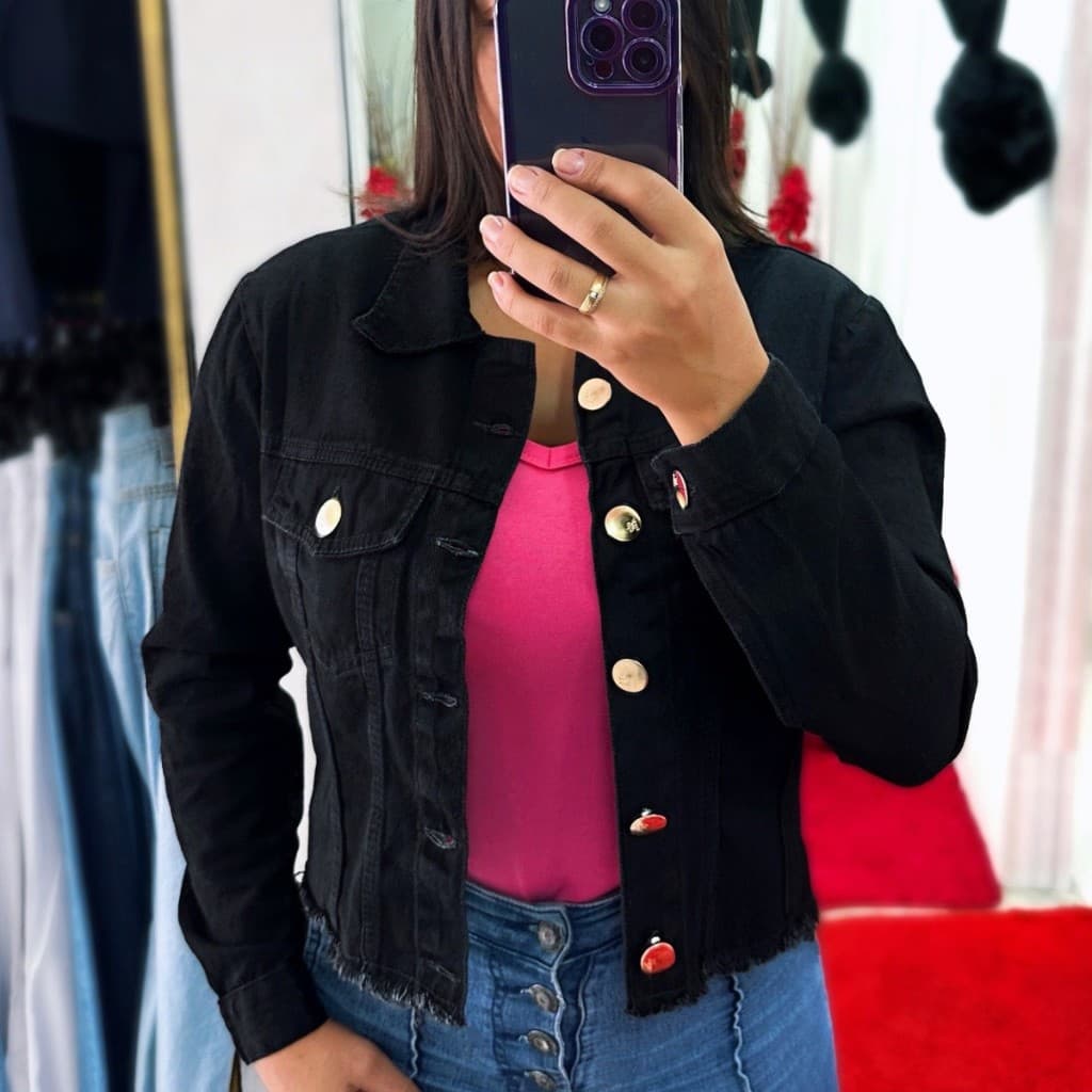 Jaqueta Jeans Feminina Preta Desfiada Linha Premium