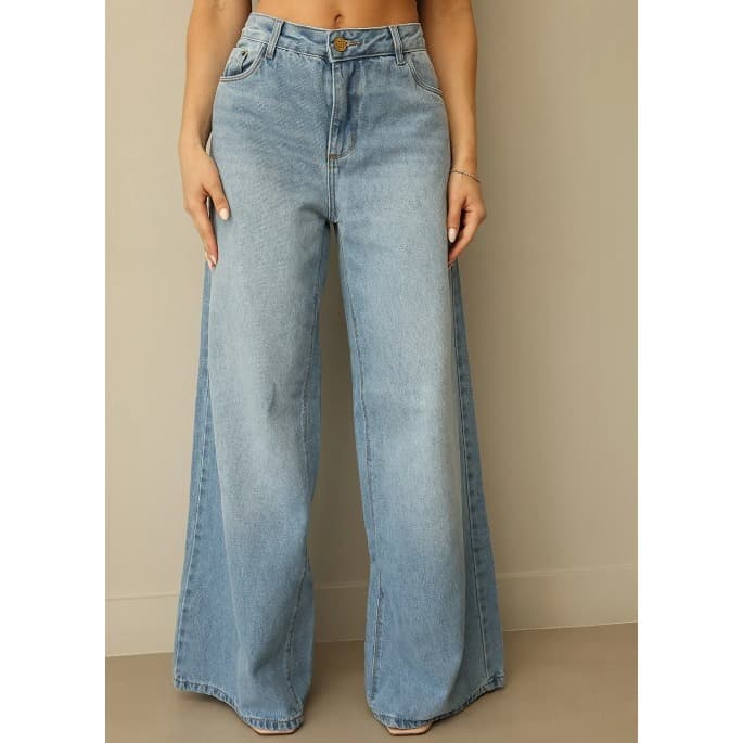 Wide Leg Feminina Jeans Firme com Cintura Alta e Caimento Solto