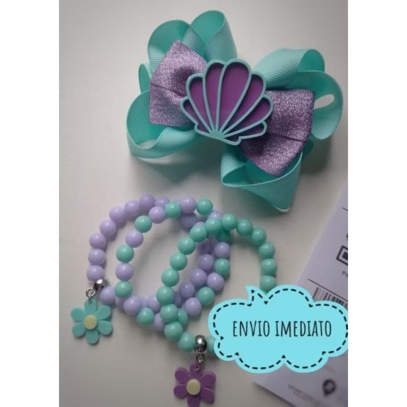 Kit Sereismo, laço concha, fundo do mar, pulseiras, presilha infantil sereia