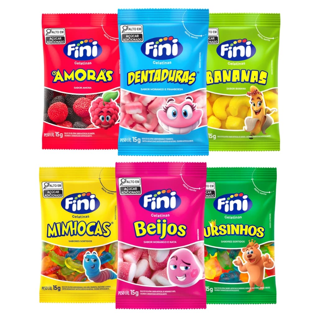 Kit 30UN Temáticos Balas Fini Gelatinas Balas Doces e Cítricas de 15g Cada