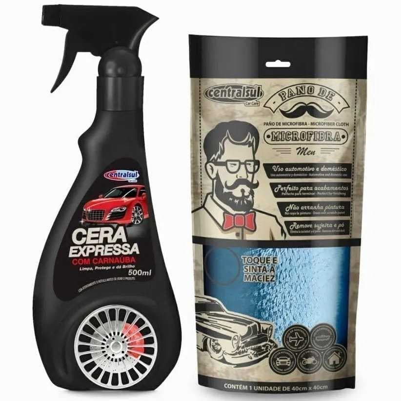 Cera Expressa Automotiva 500ml e Pano de Microfibra 40cm Centralsul Kit 2 Unidades