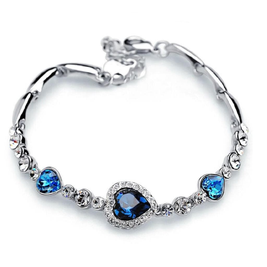 Pulseira Feminina Ouro Branco Cristal Azul Coração J3129