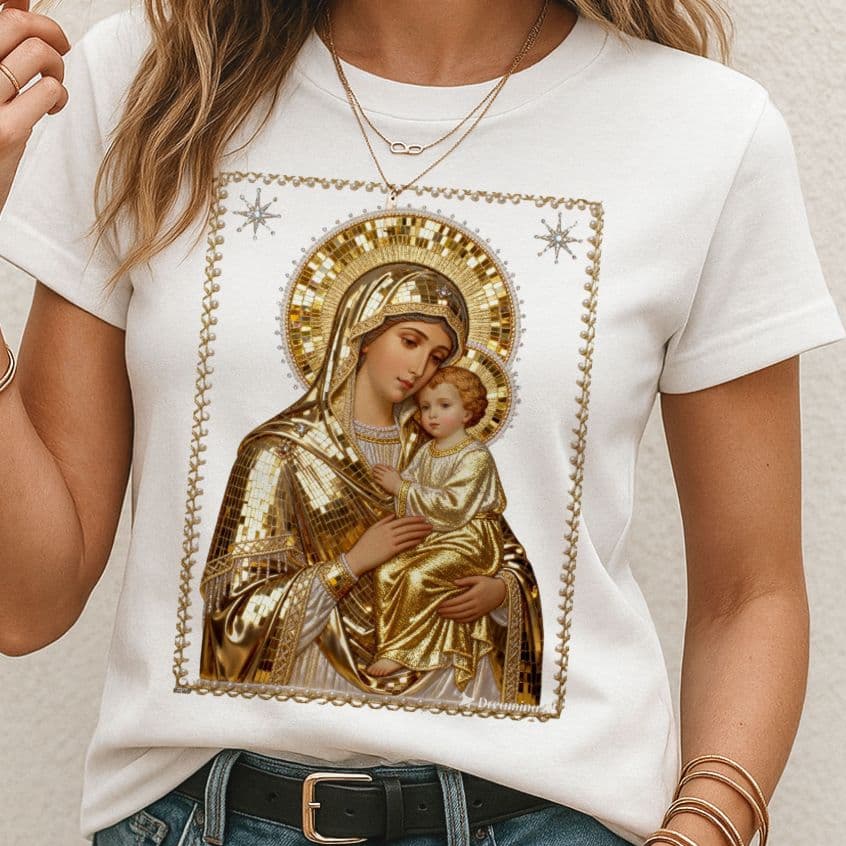 Blusa feminina santa virgem Maria dourada, t shirt cristã católica cristã religiosa missa plus size