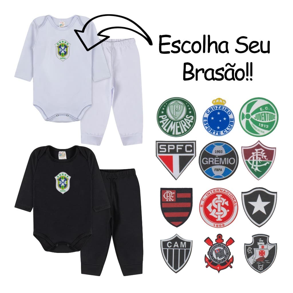 Conjunto Body Térmico Peluciado Personalizado Brasão de Time Infantil Bebê Tamanho P ao 3 Anos