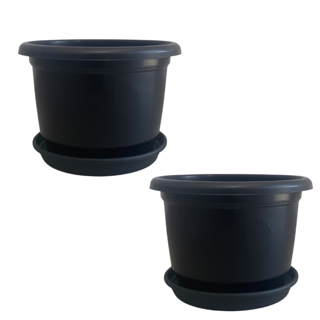 Kit Completo 2 Vaso de Plástico de 4,5 Litros Com 2 Prato Redondo Plantas Flores - Preto E Marrom