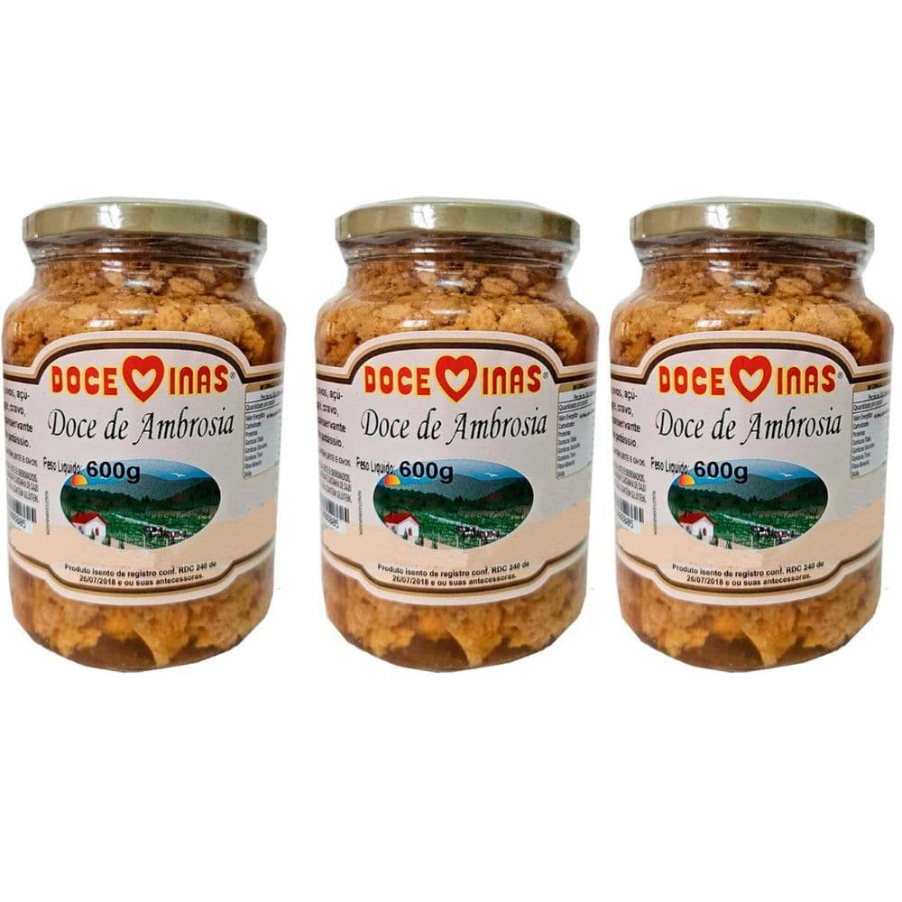 Kit com 3 Ambrosia 600 g cada - Pote Grande Compota de Doce Mineiro Minas Gerais MG Doce Minas