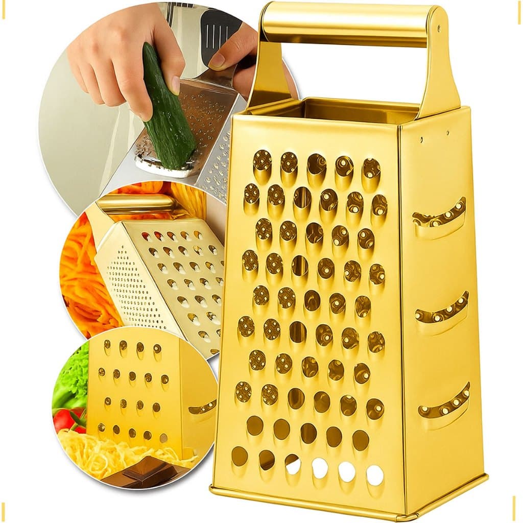 Ralador 4 Faces Grande Inox Com Alça P/ Queijos Legumes Dourado Preto