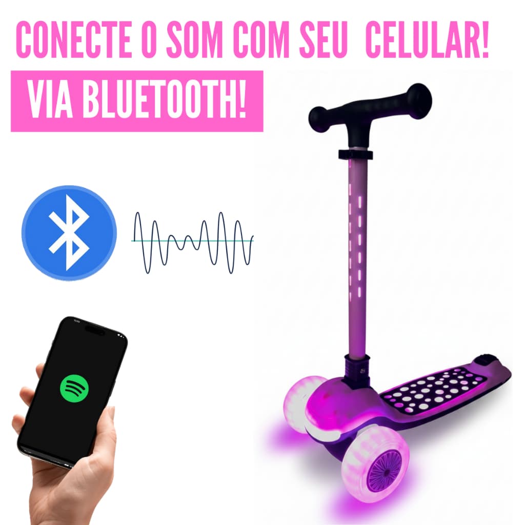 Patinete Joy Infantil LED Brilhante Suporta 80kg com Musical via Bluetooth Altura  Ajustável JYR