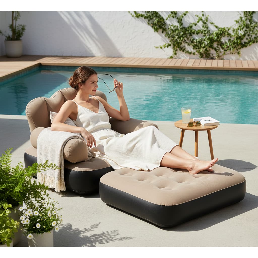Mini Sofá Inflável 2 Lugares ou Poltrona Cama com Puff PVC Flocado Portátil Fácil Inflar Com Bomba