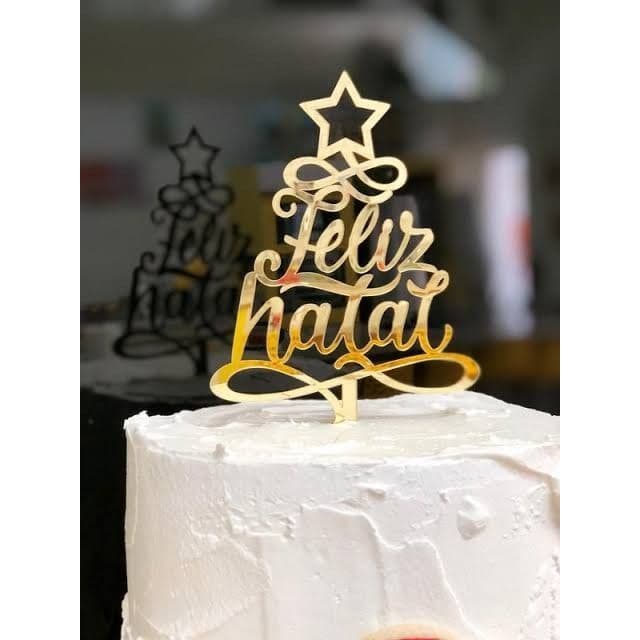 Topo de Bolo TOPO FELIZ NATAL ÁRVORE DOURADA – Personalizado com Nome e Idade – Festa Infantil