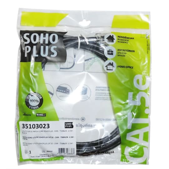 Cabo de rede Patch CAT.5E PRETO SOHO PLUS 2.5m