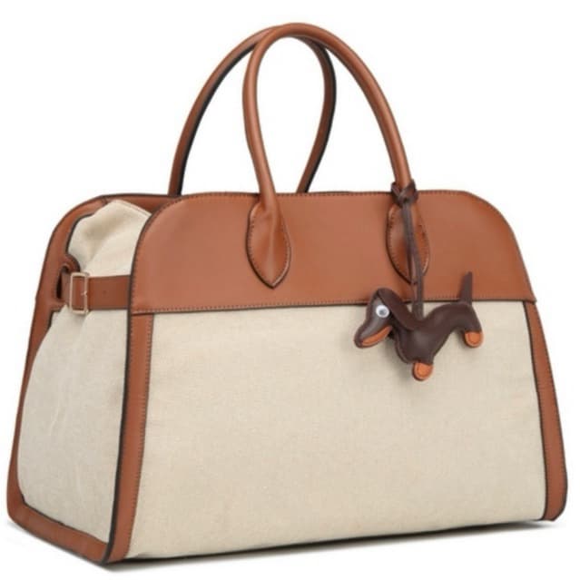 Bolsa Feminina Estruturada Lona e Couro PU Premium • Grande 30x40 • Bolsa Casual Chic com Chaveiro Cachorrinho