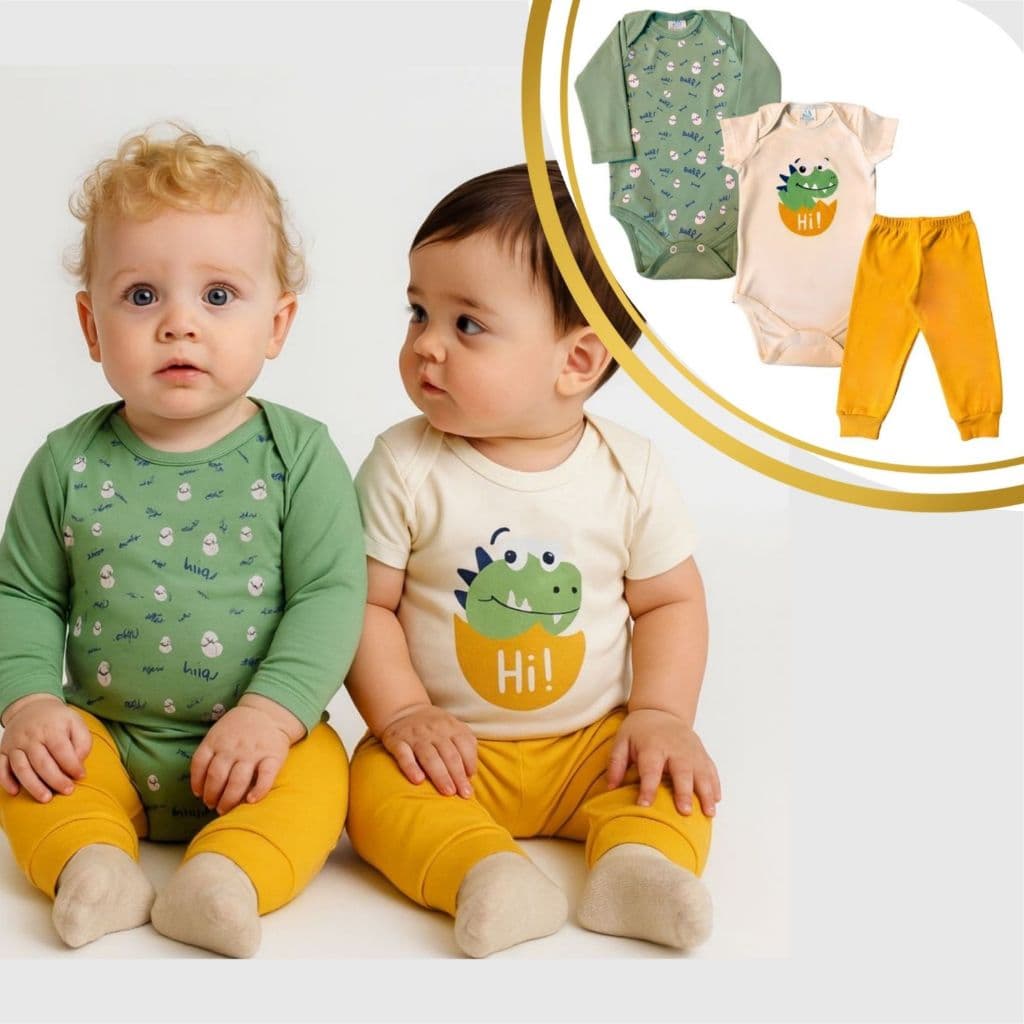 Kit Body Bebê 3 Peças Conjunto 2 Bodies Manga Longa e Curta + Calça P ao GG/ Roupa Bebê Menino Enxoval