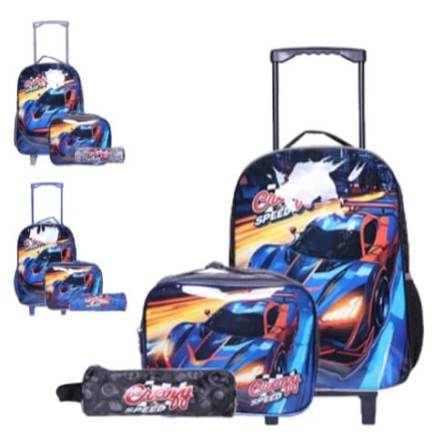 Kit Mochila Masculina com Carrinho 16", Lancheira 10" e Estojo Crazy for Speed
