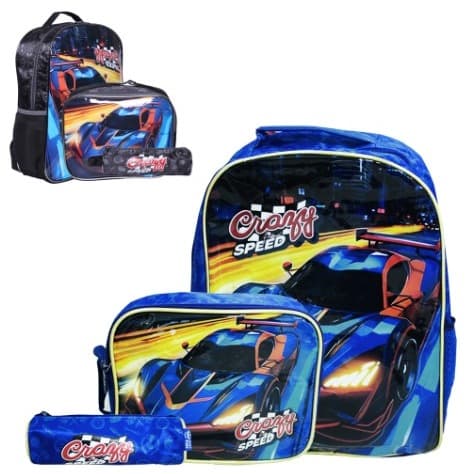 Kit Escolar 3 Peças Crazy Speed – Mochila 17,5", Lancheira e Estojo Infantil