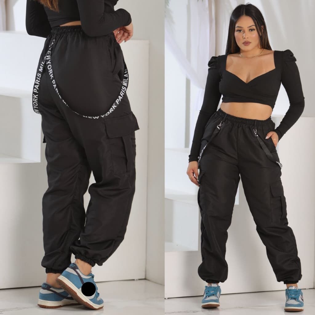 Calça Jogger Feminina Tactel Suspensório Cargo 4 Bolsos 3 Cores Calça Gringa Stret Blogueira Hip Hop Cargo T