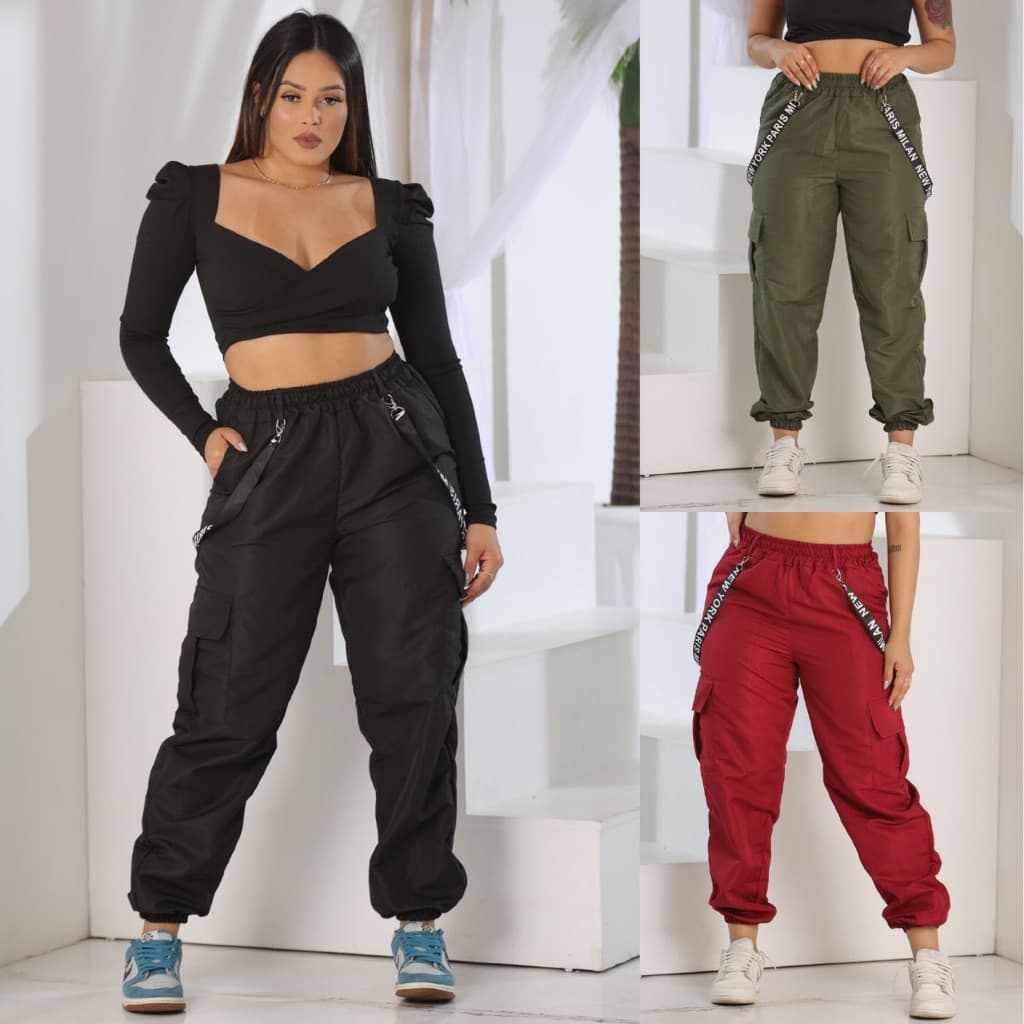 KIT 3 Calças Jogger Feminina Tactel com detalhe SUSPENSORIO moda Hip Hop Street Cargo