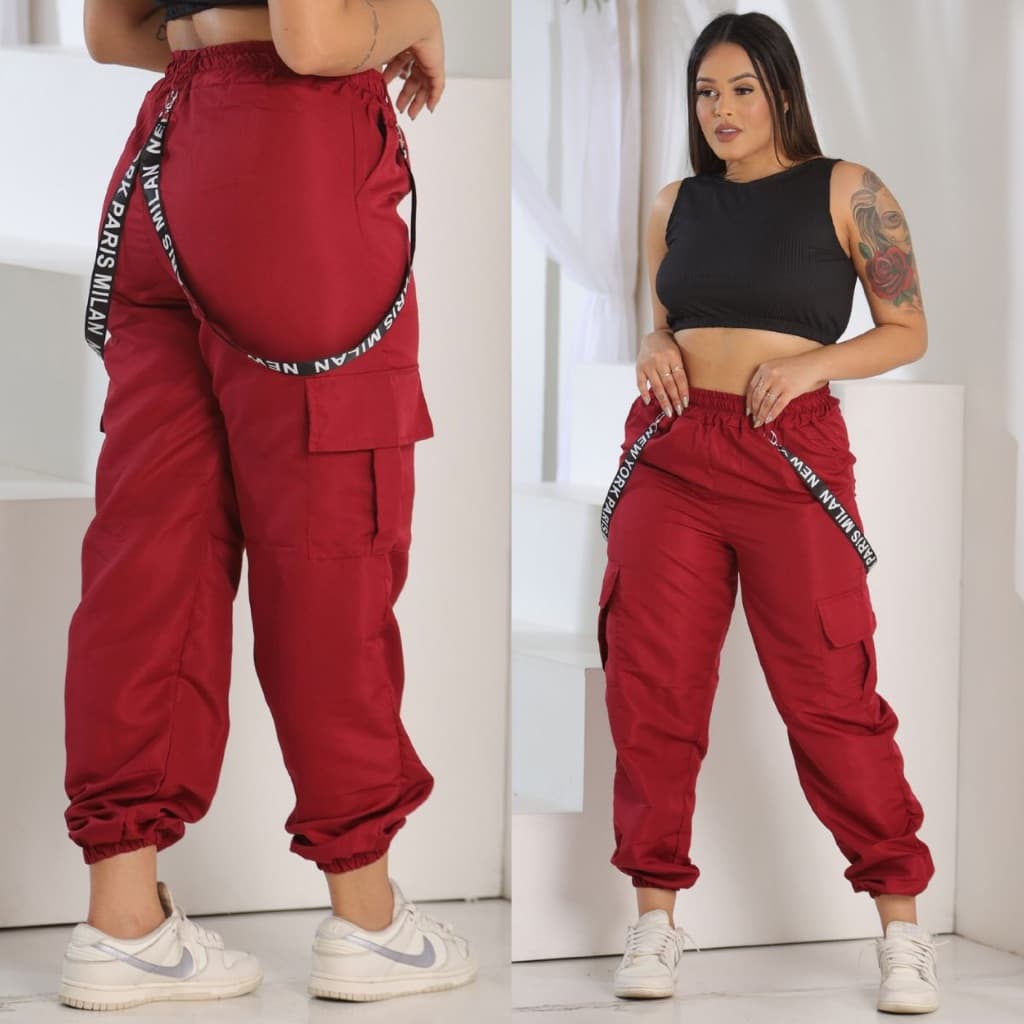 Calça Jogger Tactel Feminina 4 Bolsos Suspensório Cargo 3 Cor Calça Gringa Stret Blogueira Hip Hop Cargo Vermelho Nata T
