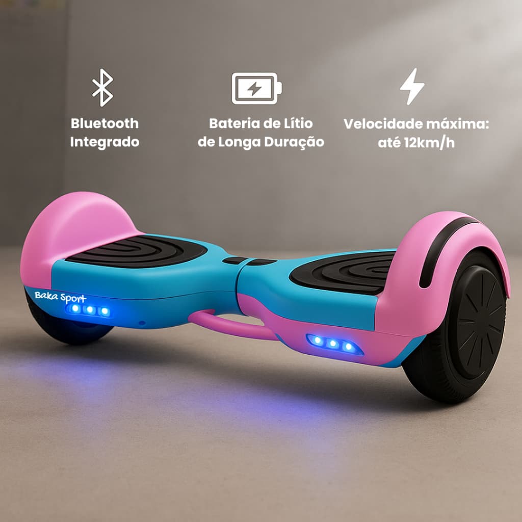 Skate Elétrico Hoverboard Rosa Azul 6.5 Polegadas Baka Sport com Luzes LED Conexão Bluetooth 12Km/h