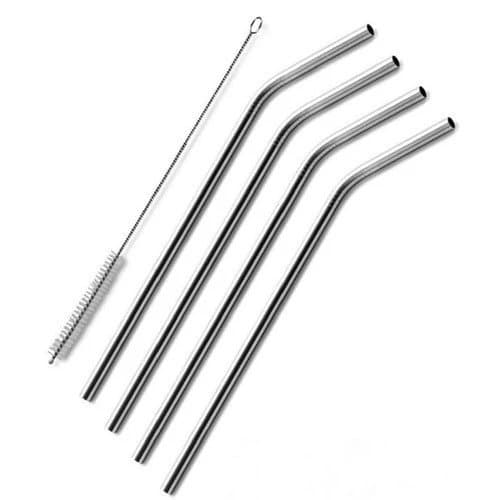 Kit 4 Canudos Reutilizáveis Curvo ou Reto Aço Inox E Escova Limpeza