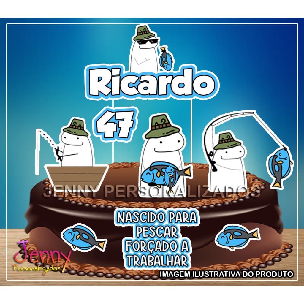 Topo Topper de Bolo Pecador, Pescaria Personalizado com nome e idade