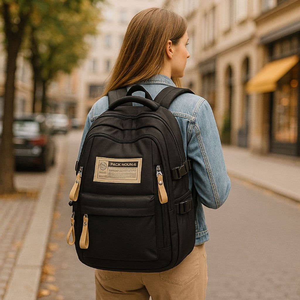 Mochila Feminina de Grande Capacidade Nylon Poliéster Forrada Alças Duplas com Fechamento em Zíper
