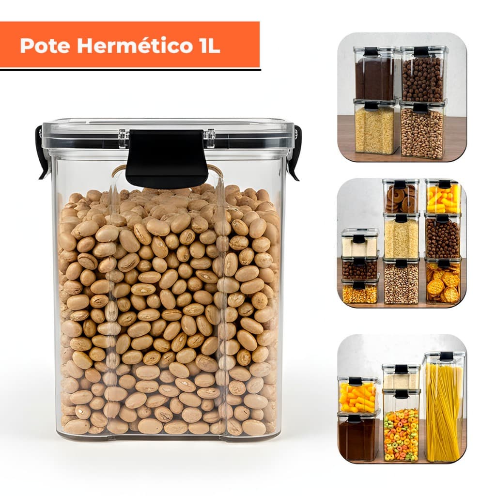 Kit 6 Potes Herméticos 1L Com Trava Reforçada 100% Vedado
